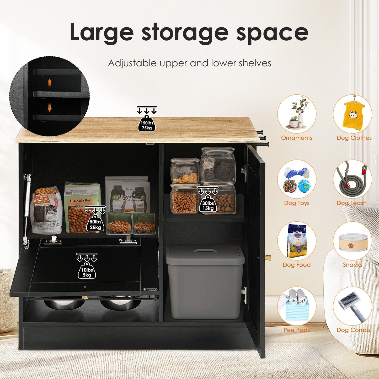 Feeding Station with 2 Lockers and Elevated Bowls – Black
