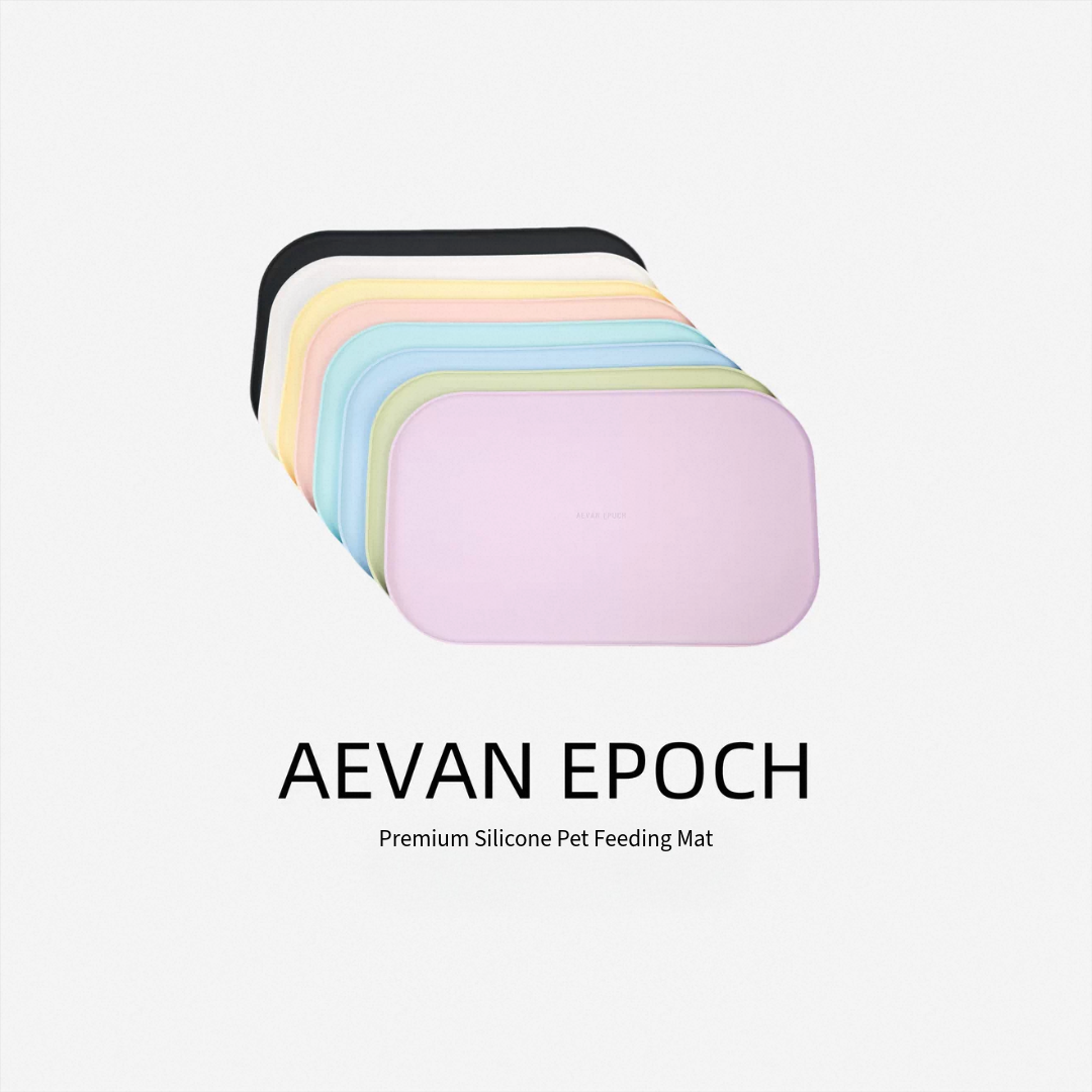 Aevan Epoch raised-edge silicone pet feeding mat selected by LAVORA for an organized pet feeding corner