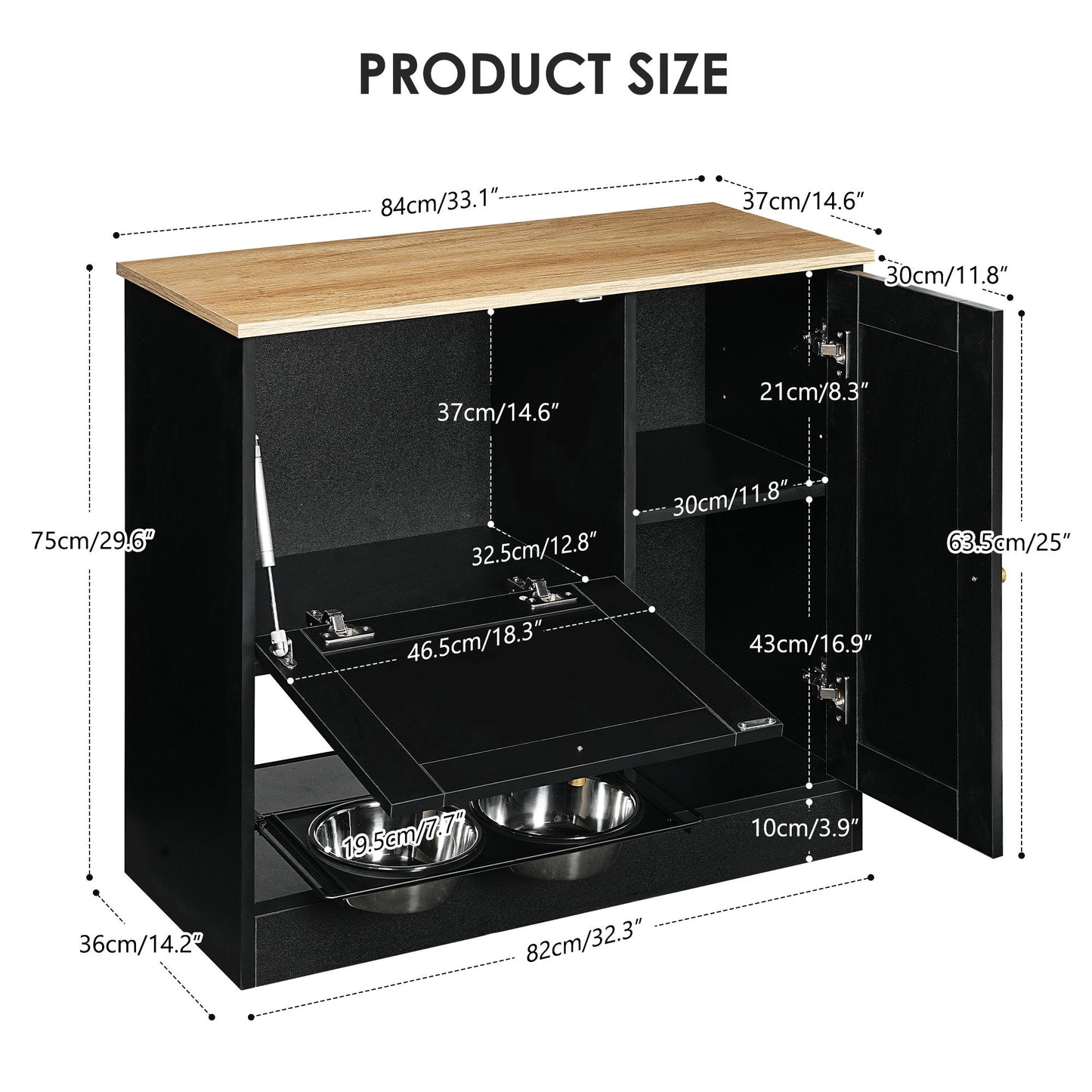 Feeding Station with 2 Lockers and Elevated Bowls – Black
