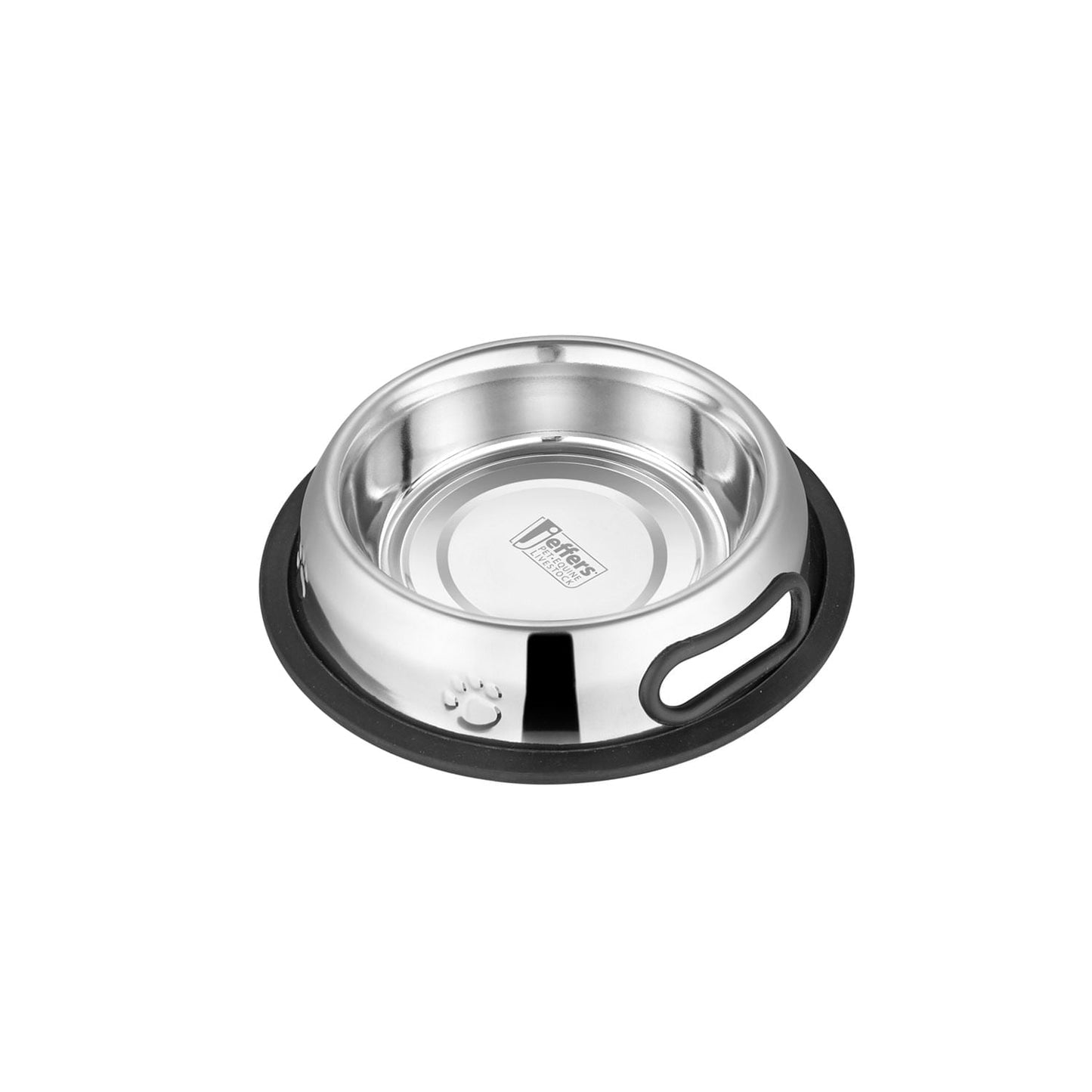 Embossed stainless steel pet bowl designed to resist tipping