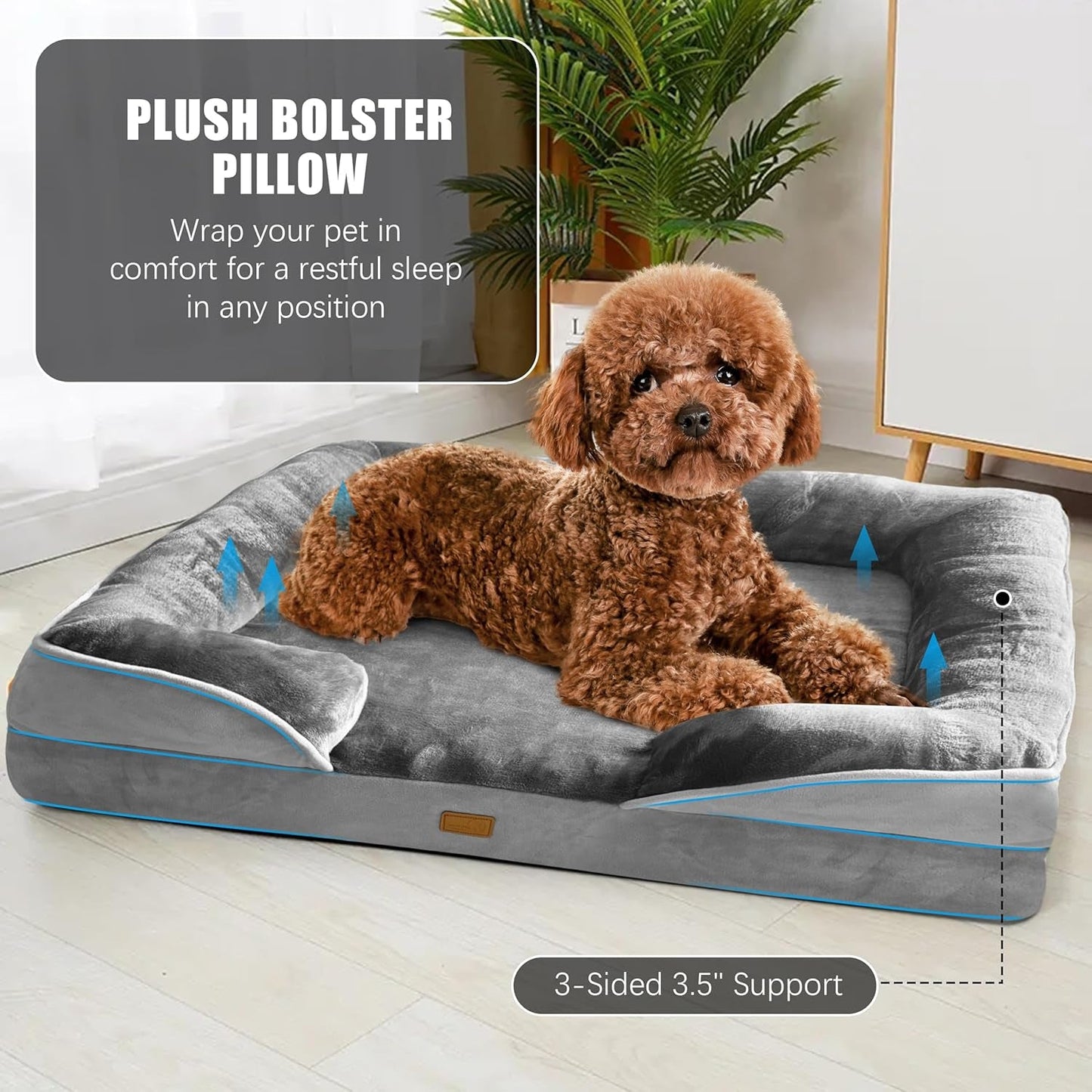 Orthopedic dog sofa bed with a raised bolster and washable cover, selected by LAVORA