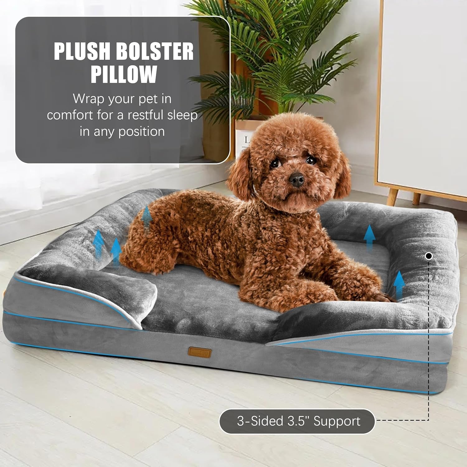 Orthopedic dog sofa bed with a raised bolster and washable cover, selected by LAVORA