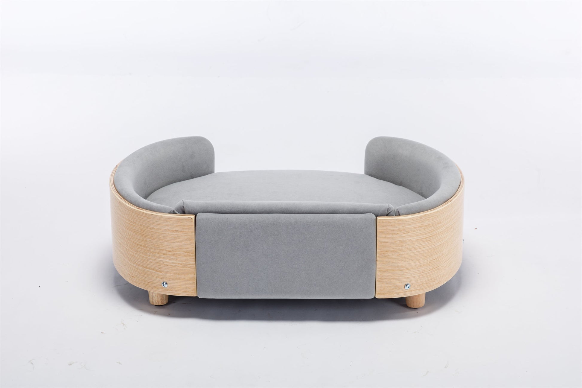 Velvet-cushioned elevated dog bed in light grey