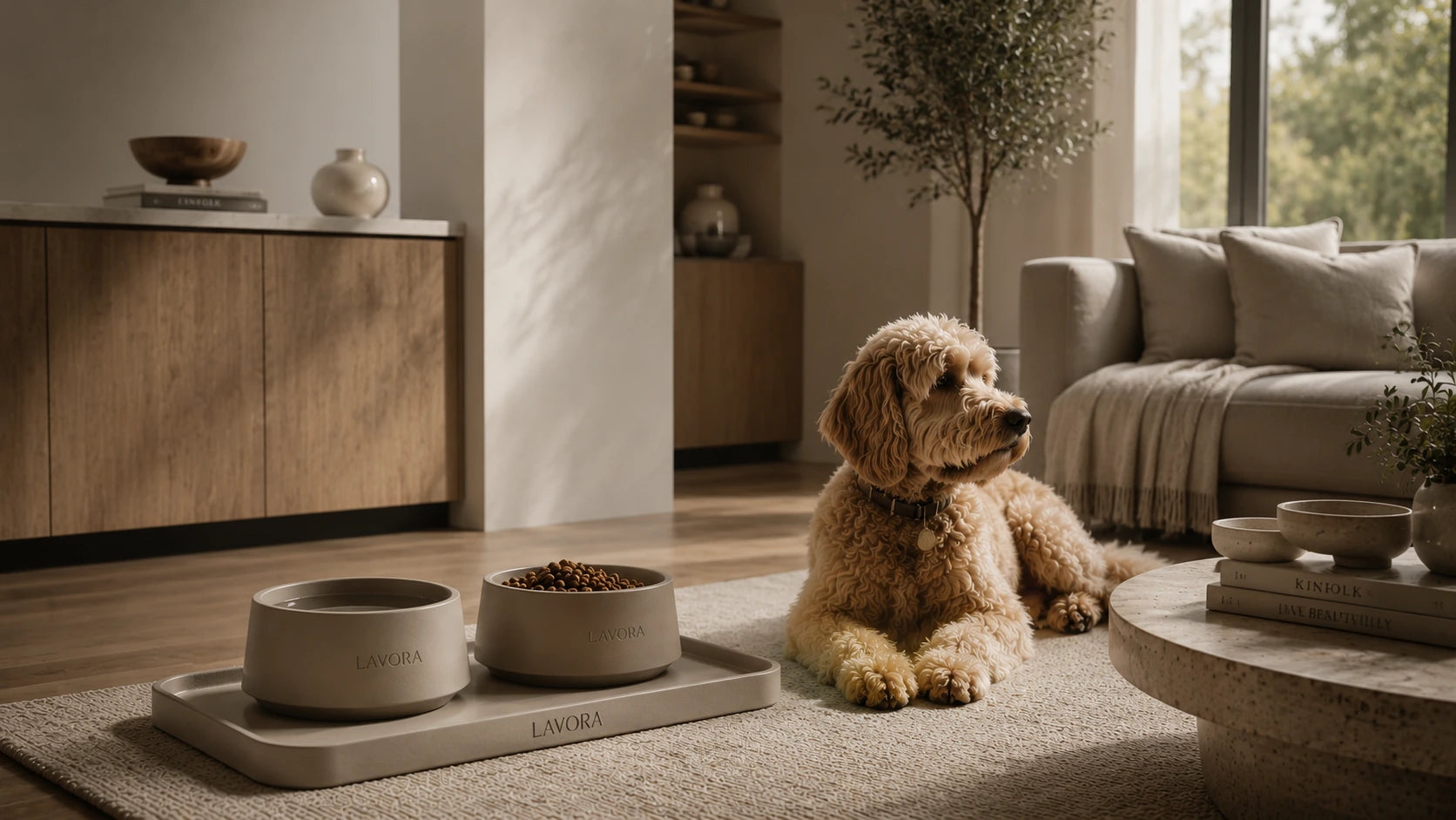 Modern pet home featuring a LAVORA feeding station with branded bowls, feeding mat, and a relaxed dog.
