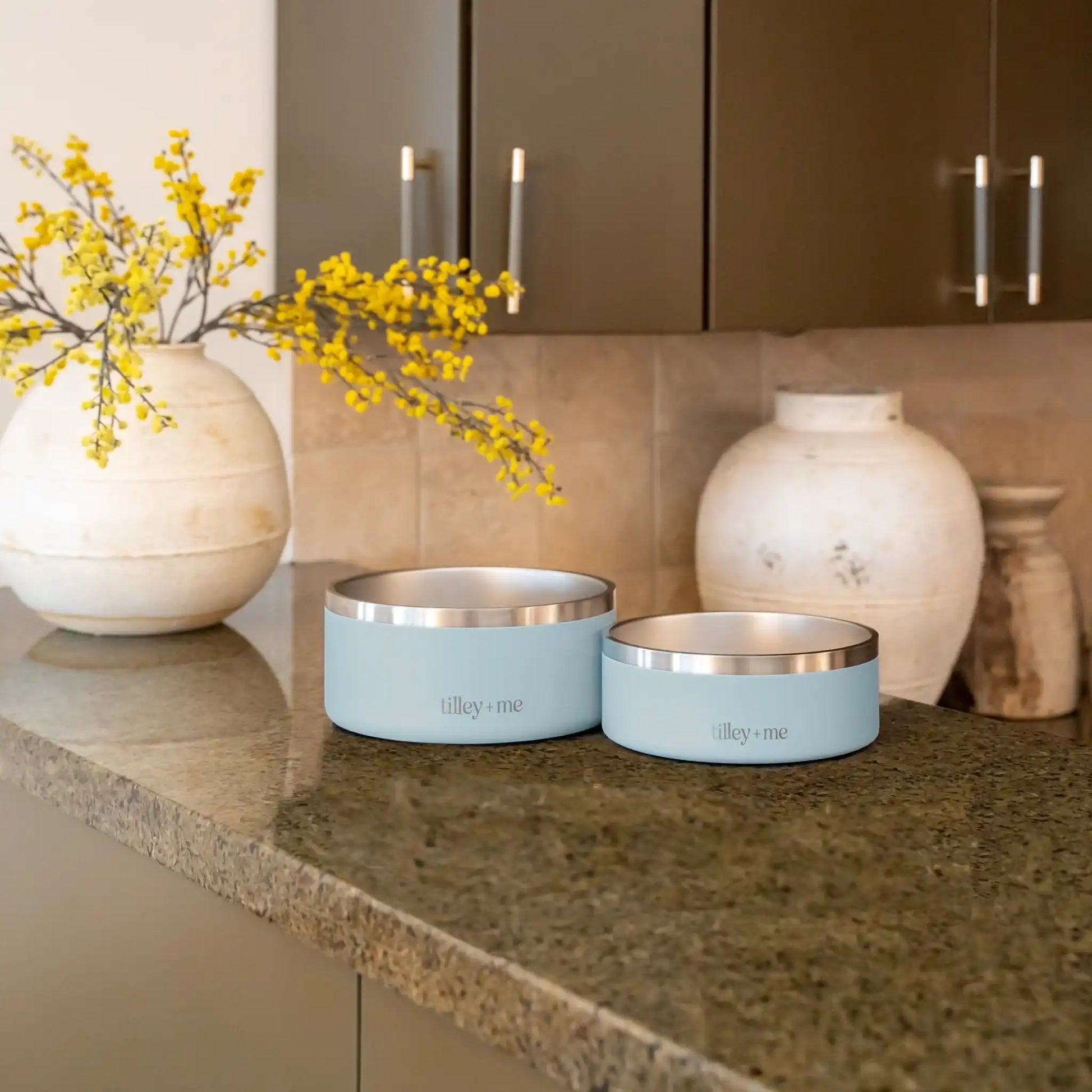 Light blue stainless steel pet bowl with a non-slip base